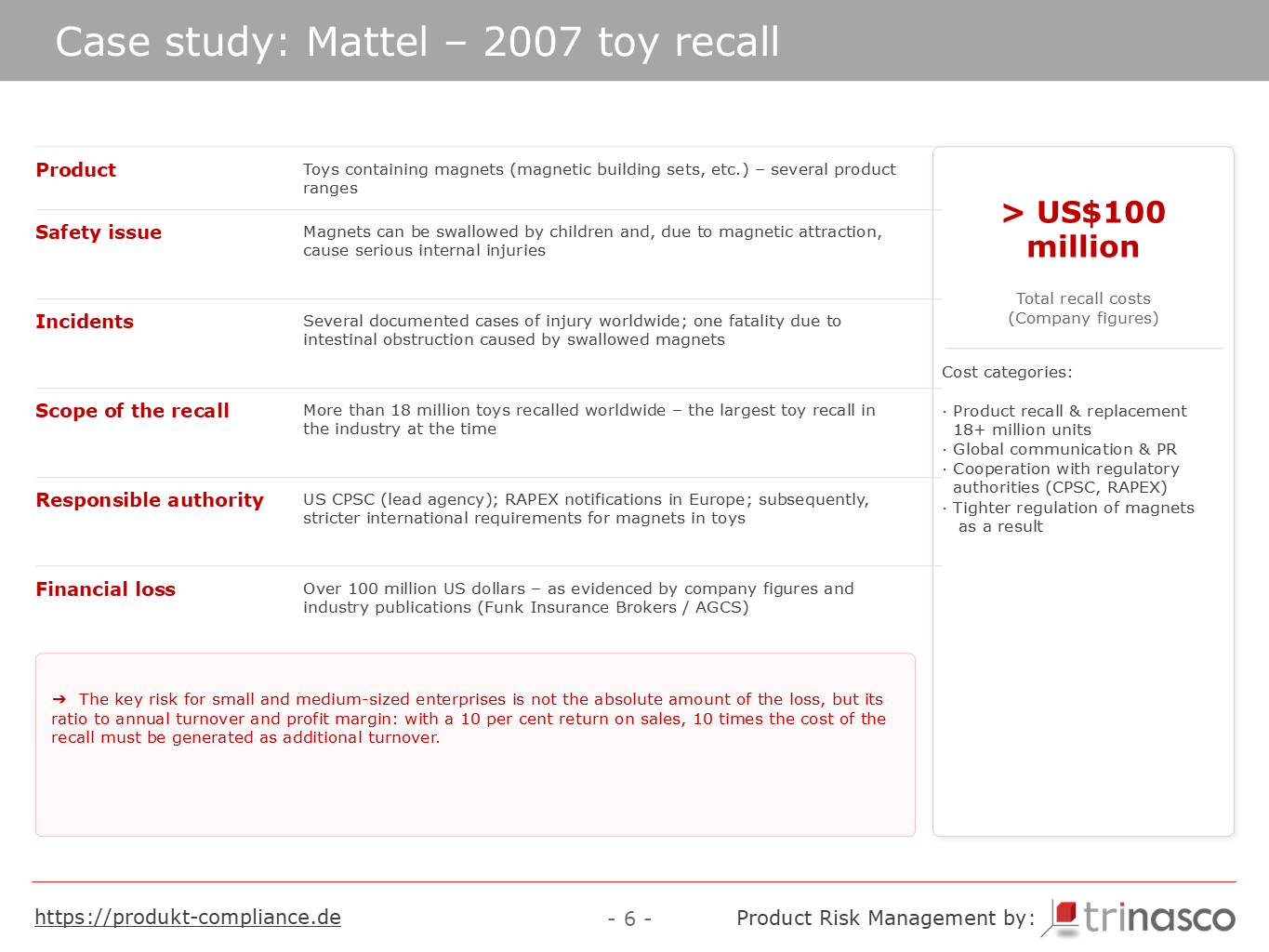 Case study Mattel 2007: recall of over 18 million toys, more than USD 100 million in costs