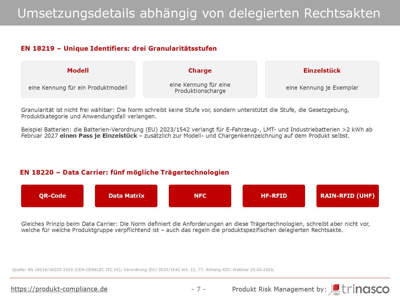 Granularit&auml;tsstufen nach EN 18219 und m&ouml;gliche Datentr&auml;ger nach EN 18220